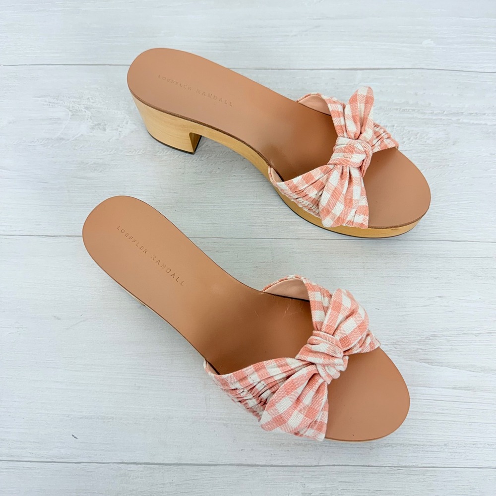 Anthropologie Loeffler Randall Clog Sandals Size 9 Pink Gingham Bow Wooden Heel - Picture 12 of 13